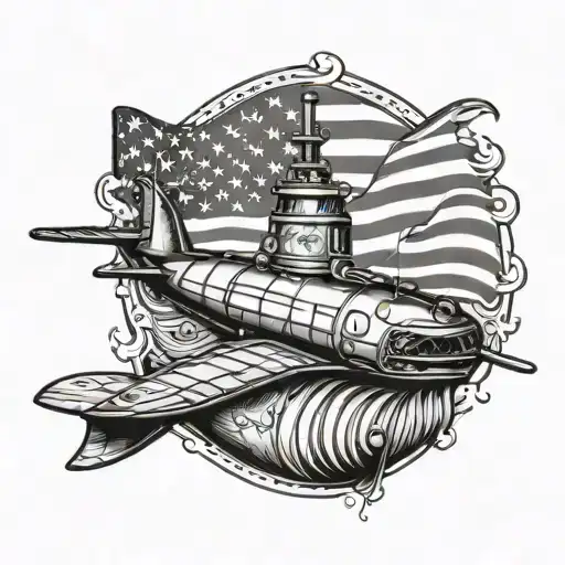 Submarine With American Flag Black And White