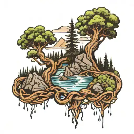 Cetic Knots With Trees Water And Mountains