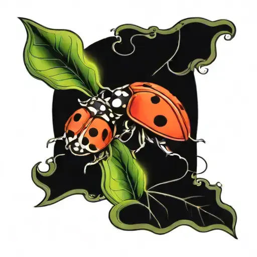 Two Ladybugs On A Leaf From A Stem