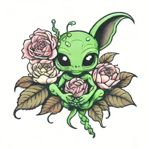 Cute Alien And Peony Flower Intertwined