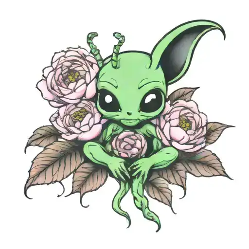 Cute Alien And Peony Flower Intertwined