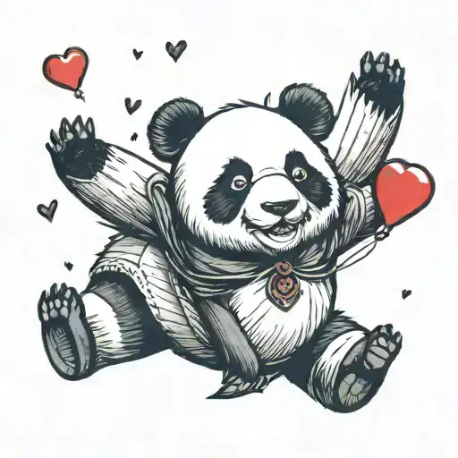Panda With Red Heart Balloon Flying