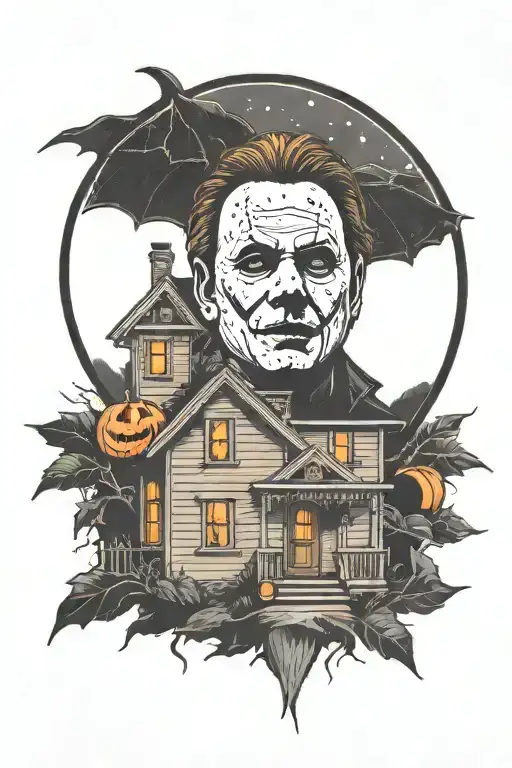 Michael Myers Face And House On A Dark Night With Jack-o'-lantern