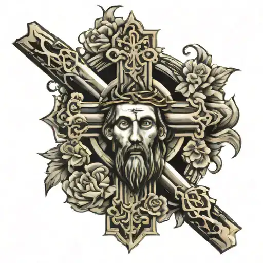 Cross And Jesus Christ Crucified And Heads