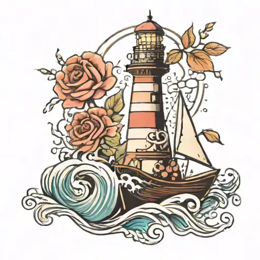 Sailboat Sinkingunderwater With Lighthouse Shining And Wild Roses