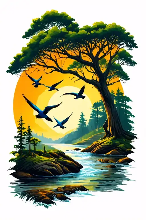 Forest Scene With Birds Flying And River Flowing