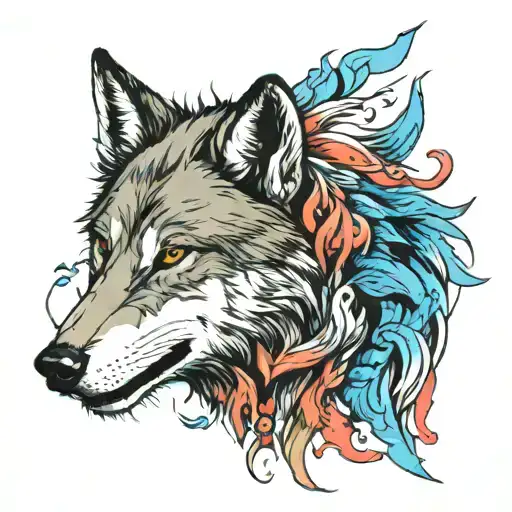 Wolf Head Split Watercolour And Colour Blocking On Half