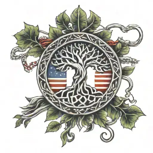 A Celtic Tree Of Life With Branches Shaped Like Military Insignias And American Flags