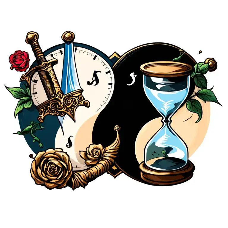 Ying And Yang Symbol With Sword And Hour Glass