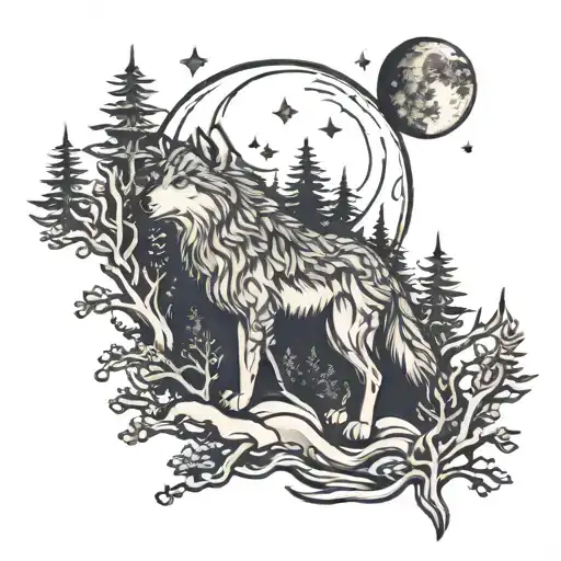 Wolf Pine Forest Stars Moon Mountain