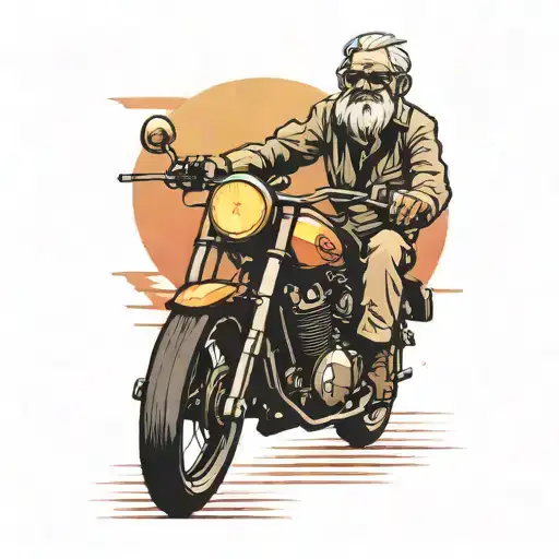 An Old Man Riding A Motorbike Towards The Sunset And Geometric Image