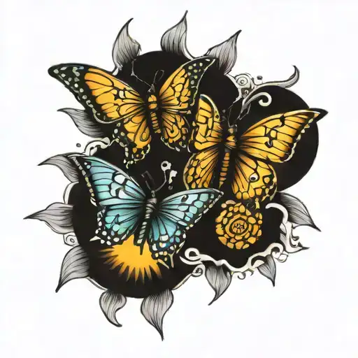 Sun And Buterfly Flying Together