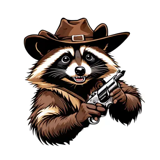 Smiling Racoon Wearing A Cowboy Hat Holding Flintlock Pistols