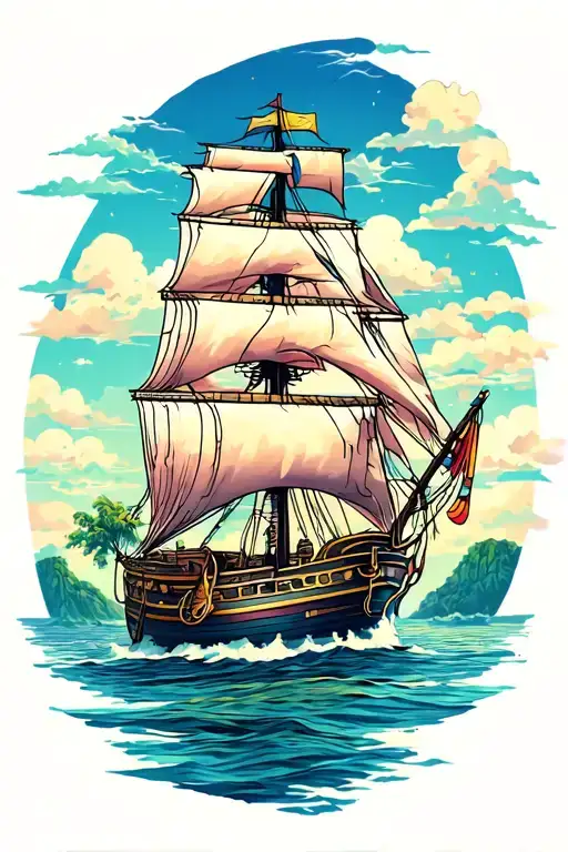 Sailing Ship With Peaceful Island In The Background