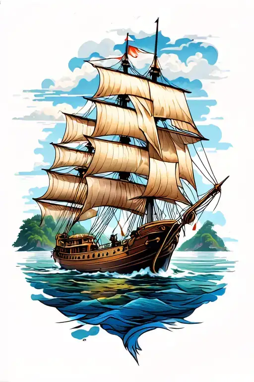 Sailing Ship With Peaceful Island In The Background
