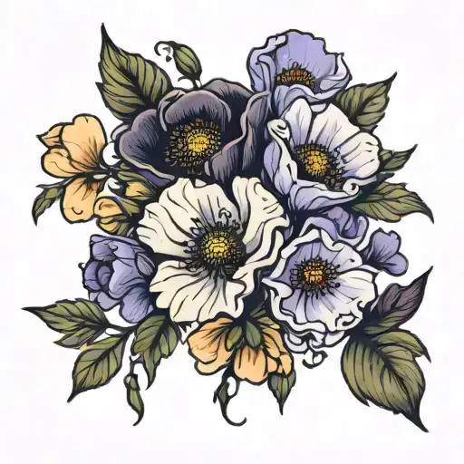 Birth Flower Bouquet Poppy And Violet Flowers