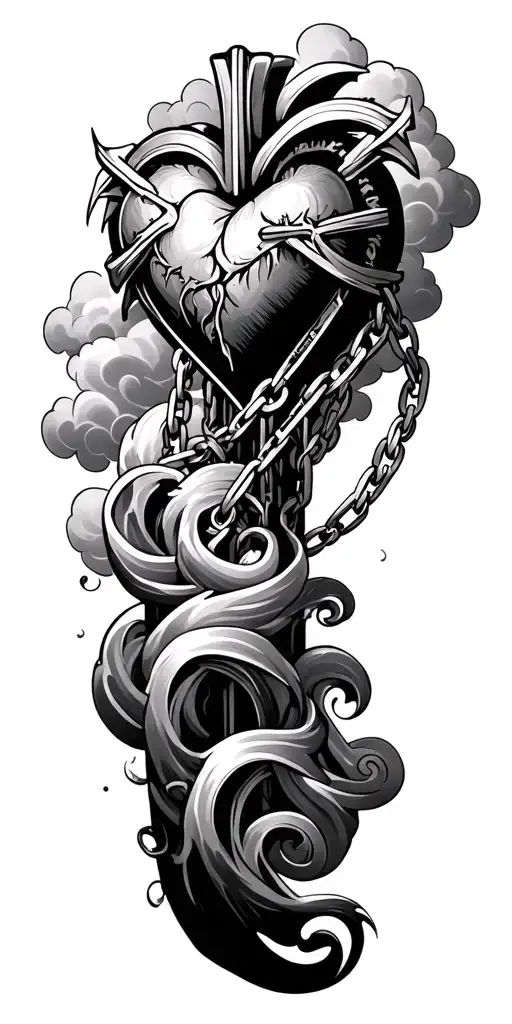 Black And White Gothic Chains To Chromeheart Cross Tatoo With Clouds And Waves