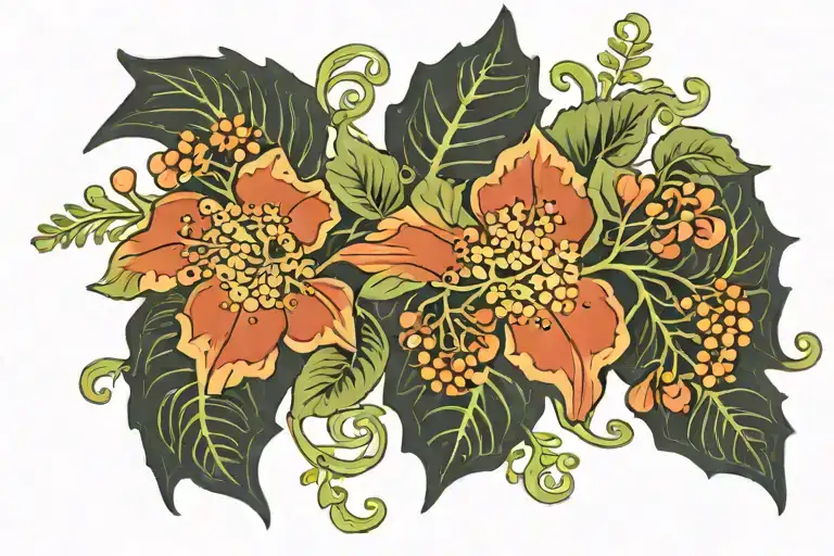 Small Flowers On Vine Aurrounded By Fern Leaf