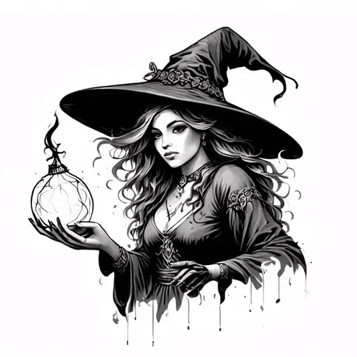 Neo Traditional Witch Casting A Spell Black And White