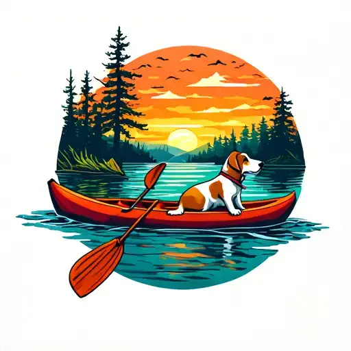 Dog On A Kyak With A Sunset Sky And Nature Scene