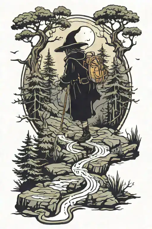 A Witch With A Backpack And Cane Walking Along A Dark Path That Leads To A Pine Mountain