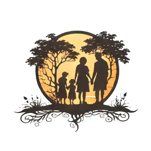 Shadow Of Family Of Four In Sunset