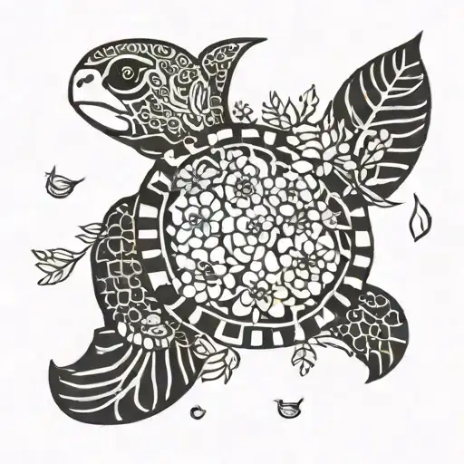 A Tribal Turtle Surrounded By Flowers And Fern Leaves