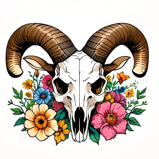 Generate A Tattoo Image Of Ram Skull And Snake And 13 Different Flowers