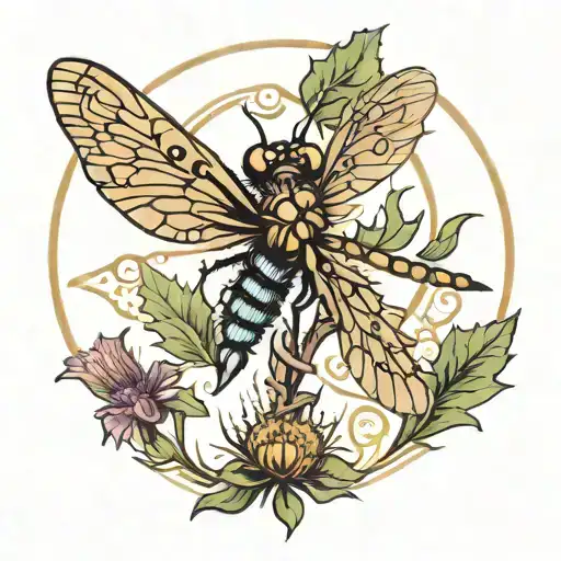 Scottish Thistle And Dragonfly Hovering