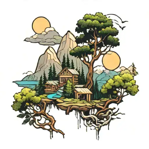 Nature Inspired Tattoo Featuring Trees And Mountains