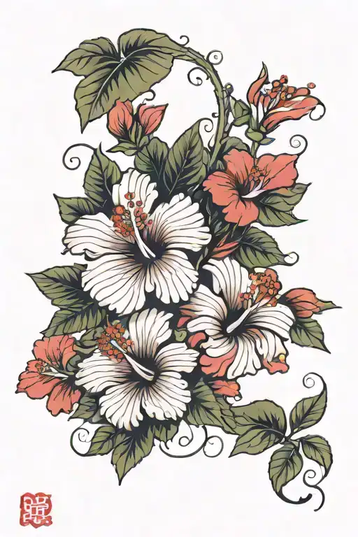 Hibiscus And Japanse Flowers Blooming On A Vine Going Diagonal With 3 Humps