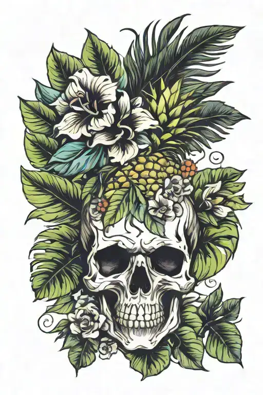 Tropical Foliage And Flowers With A Skull Pineapple