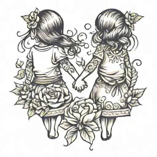 Two Little Girls Holding Hands From Behind