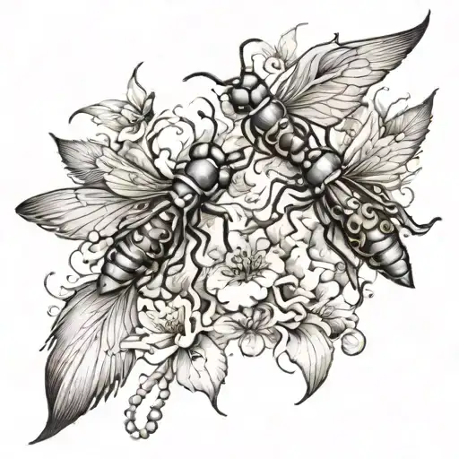 Black And Gray Tattoo Of Fireflys