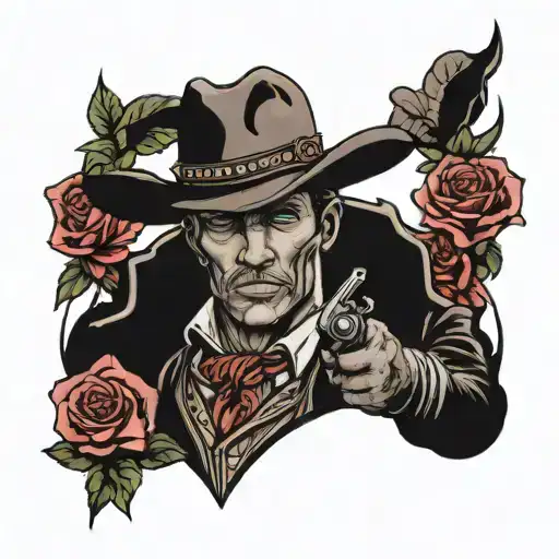 Cowboy With Smoking Revolver And Roses