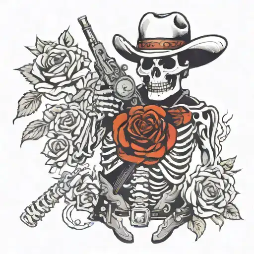 Skeleton Cowboy With Smoking Revolver And Roses Intertwined