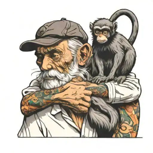 Old Man Hugging A Monkey