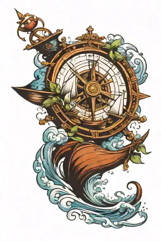 Compass With Small Ship Sailing Through Stormy Weather