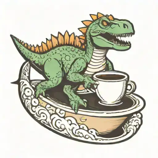 Dinosaur Surfing Holding Mug Of Coffee