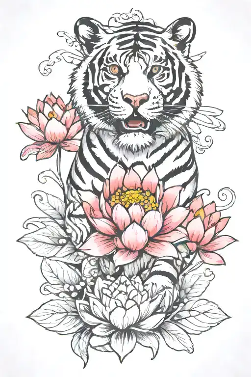 Tiger With Lotus Flower
