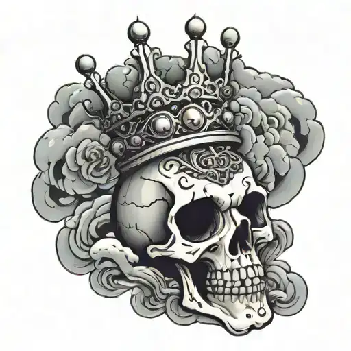 A Skellington Wearing A Crown Surronded By Clouds And Shading In A Sleeve