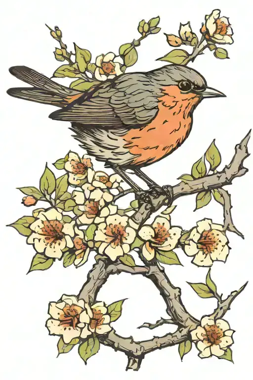 Robin Bird Sitting On Blossom Tree Branch
