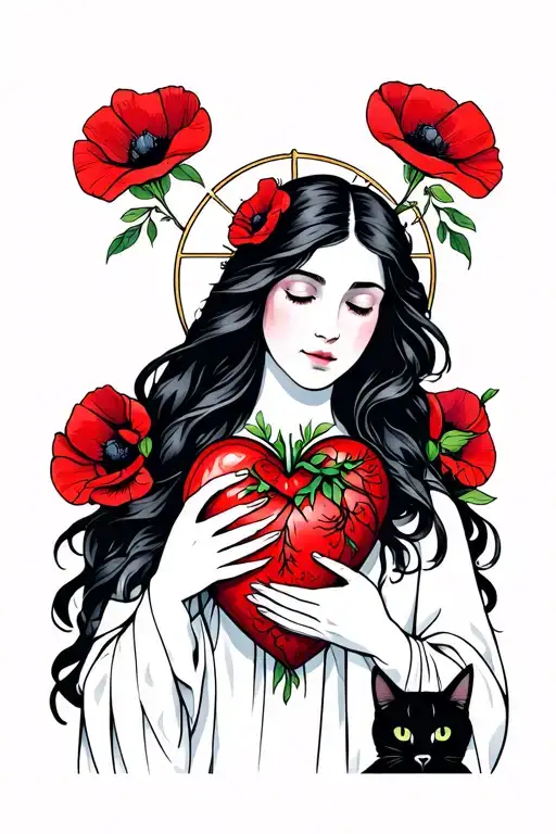 Brunette Virgin Holds A Sacred Heart With Poppies And A Black Cat