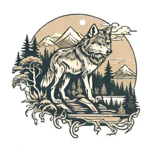 Wolf In Forest And Mountain Landscape And Lake