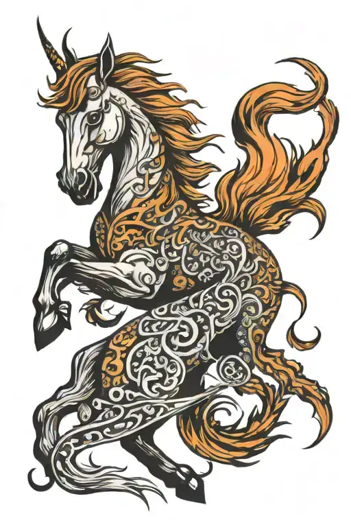 A Horse With A Fiery Mane And A Small Fiery Dragon