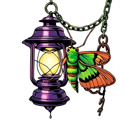 Green Moth Attached To A Purple Lantern By A Chain