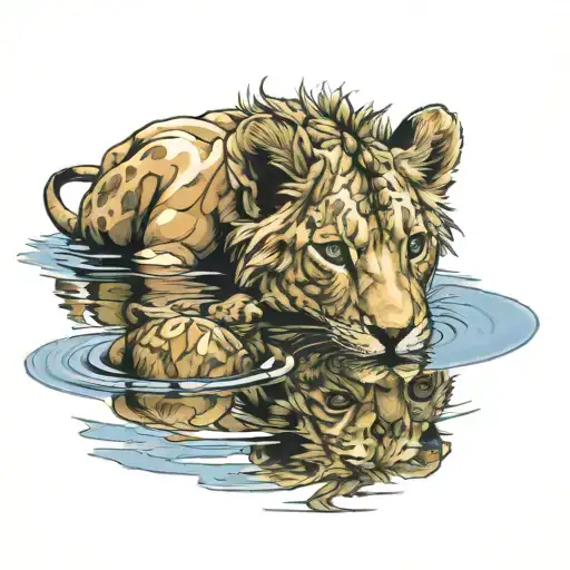 Baby Lion Looking Into Water Reflection Of Bigger Lion