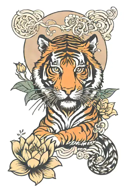 Tiger With Lotus Flower And Moon