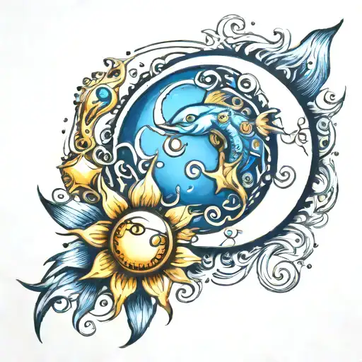 Pisces With A Sun And Moon And A Blue Gem Stone