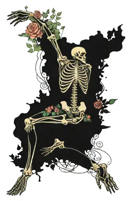 Skeleton In A Yoga Pose Surrounded By Trees Flowers Planets